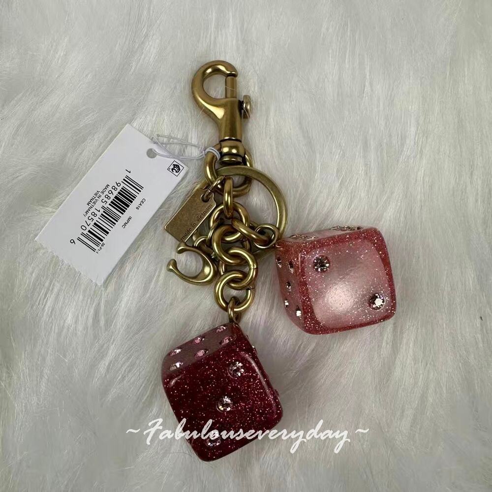 Coach Dice Bag Charm With Keyring Key Chain In Gold/Pink Multi CEA16 NWT - Picture 2 of 4